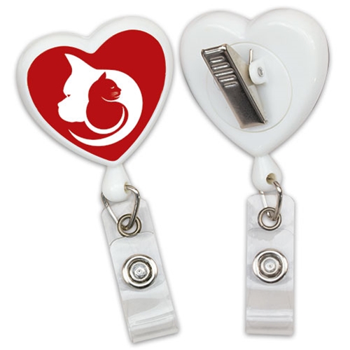 Imprinted Heart Badge Reel - Swivel Bulldog Clip